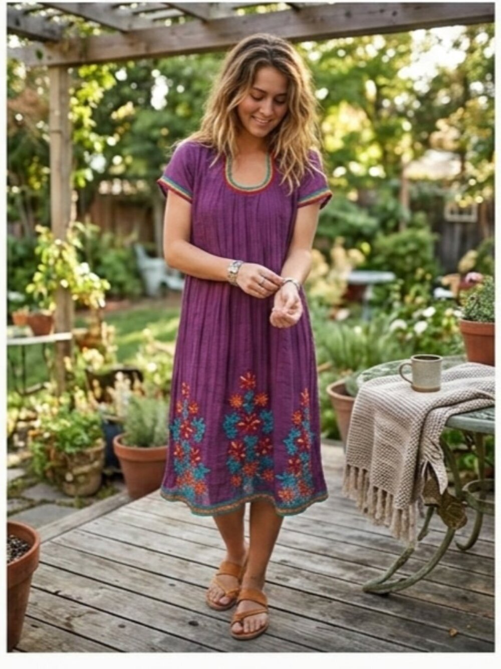 Women's Small Purple Gauzy Short Sleeve Floral Embroidered Lined Summer Dress